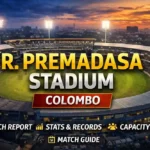 R Premadasa Stadium Colombo aerial view showing cricket ground, pitch conditions and stands during international match β Sri Lanka cricket venue 2026