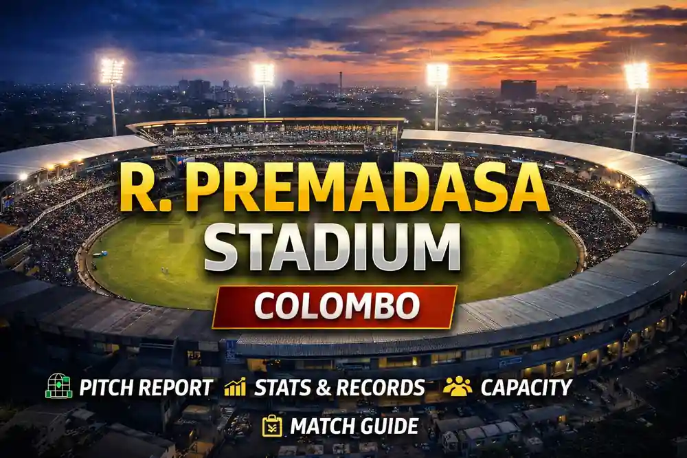 R Premadasa Stadium Colombo aerial view showing cricket ground, pitch conditions and stands during international match – Sri Lanka cricket venue 2026